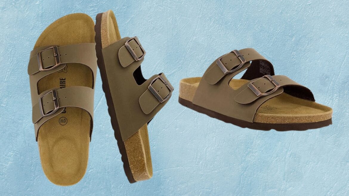 CUSHIONAIRE Lane Cork Footbed Sandals for Women – Comfortable Double Buckle Slip-On with Genuine Suede Footbed & Arch Support Slides for Women Footwear