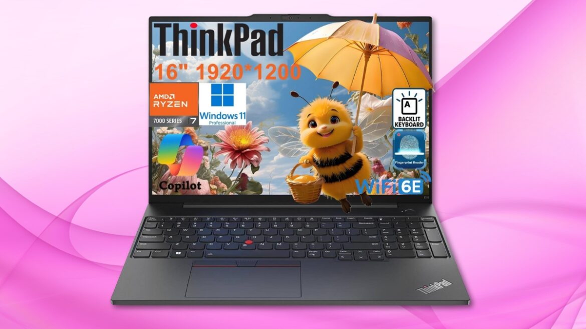 Lenovo ThinkPad E16 Gen 2 laptop with 16-inch display showing AMD Ryzen 7, Windows 11 Pro, Wi-Fi 6E, and backlit keyboard features.