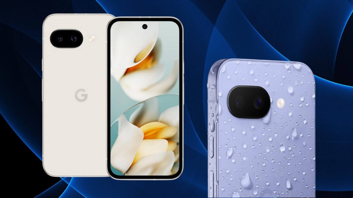 Google Pixel 9a smartphones in white and purple, showing the display, camera, and water-resistant design.