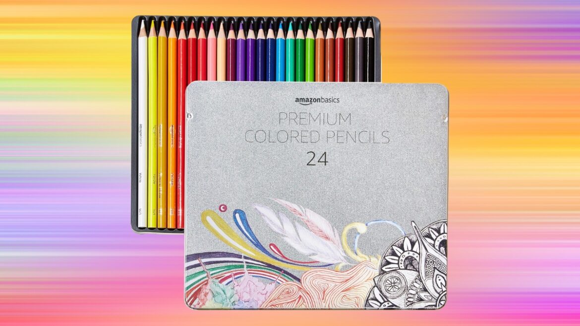 Amazon Basics colored pencils 24-pack shown in a metal storage tin with vibrant pre-sharpened pencils inside.