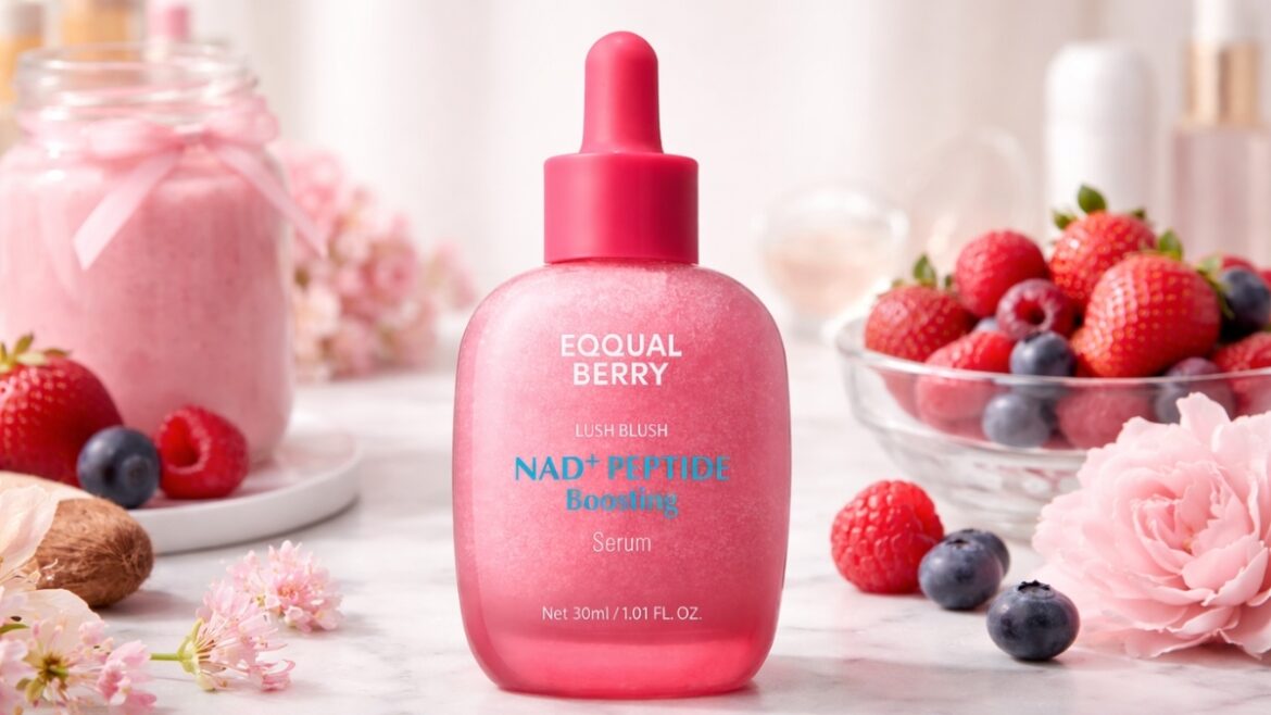 EQQUALBERRY NAD+ Peptide Boosting Smoothie Serum pink bottle with berries skincare display
