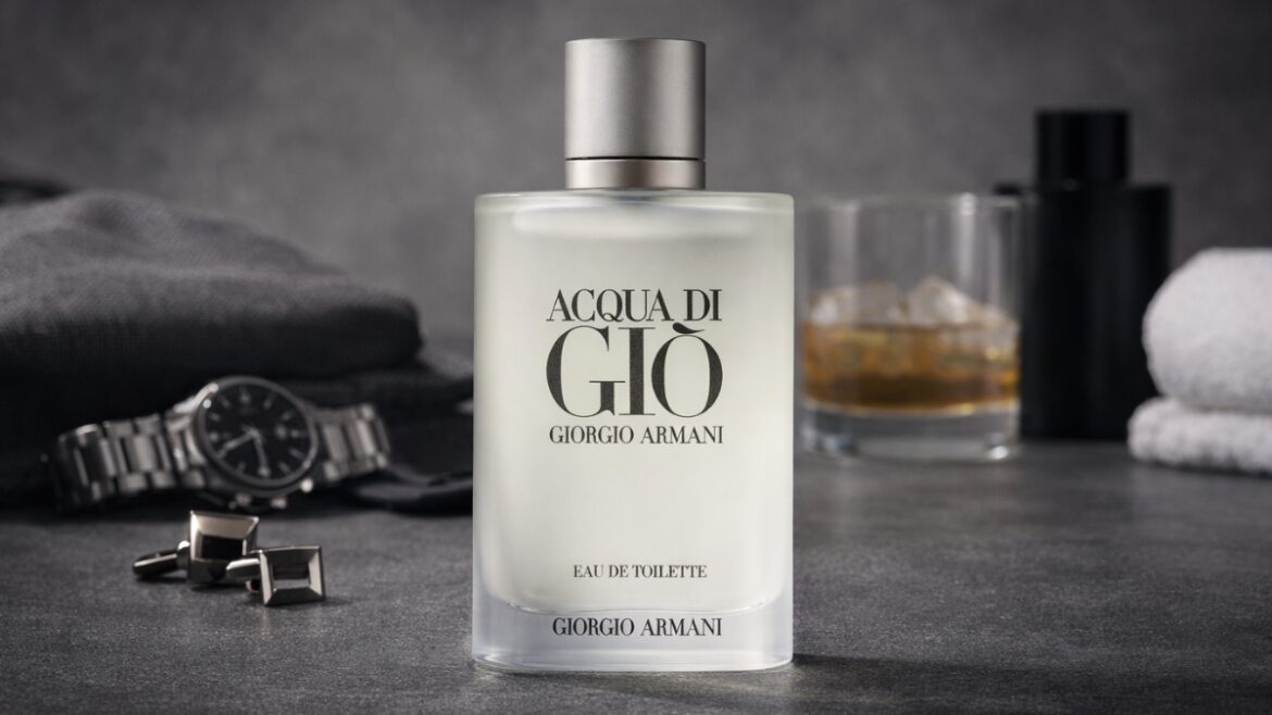 Armani Beauty Acqua di Giò Eau de Toilette bottle on modern grooming countertop