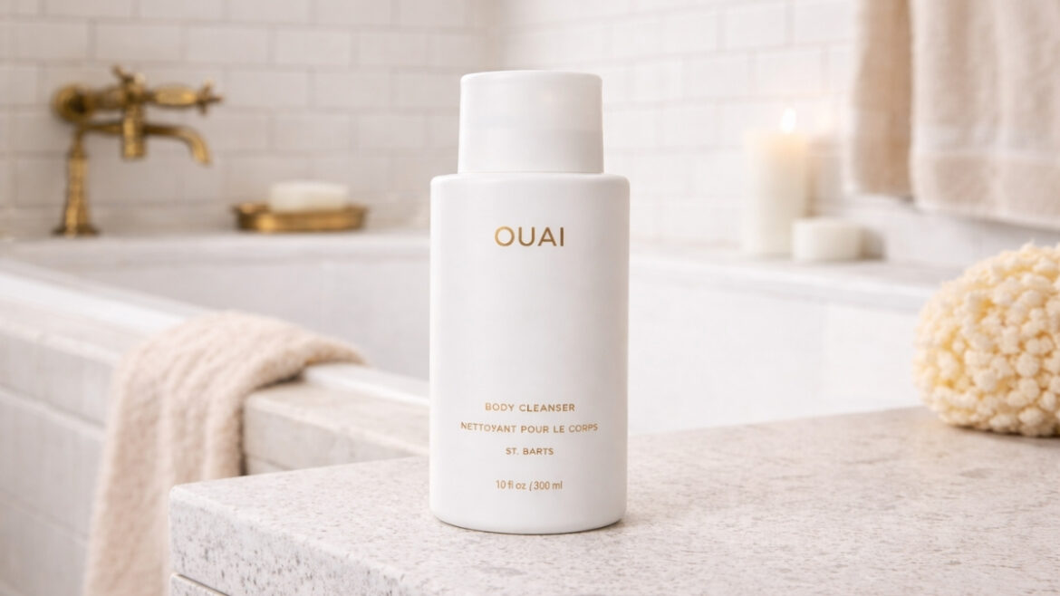 Alt text: OUAI Body Cleanser bottle on bathroom counter, luxury hydrating body wash display