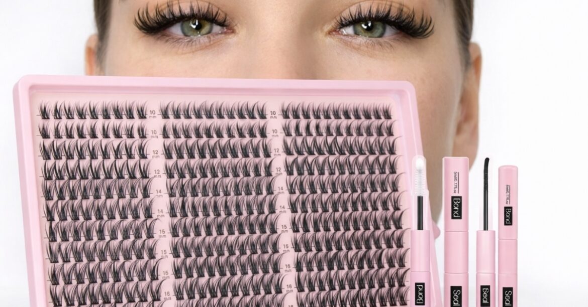 Close-up of eyes wearing Goddvenus Wispy Cluster Lashes, with a pink lash extension kit showing mixed-length individual lash clusters, bond and seal applicators for DIY lash extensions.