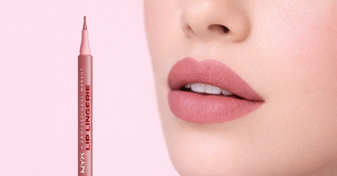 Close-up lips wearing NYX PROFESSIONAL MAKEUP Lip Lingerie matte nude lipstick with liner