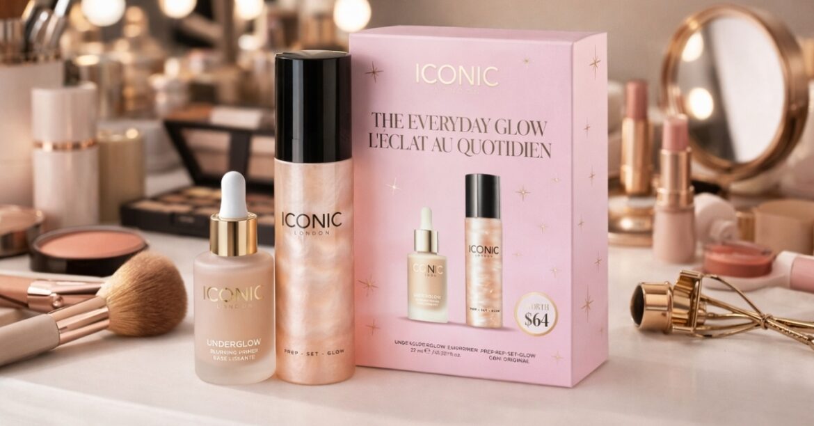 ICONIC LONDON The Everyday Glow Gift Set with Underglow Primer and Prep-Set-Glow Mist on vanity