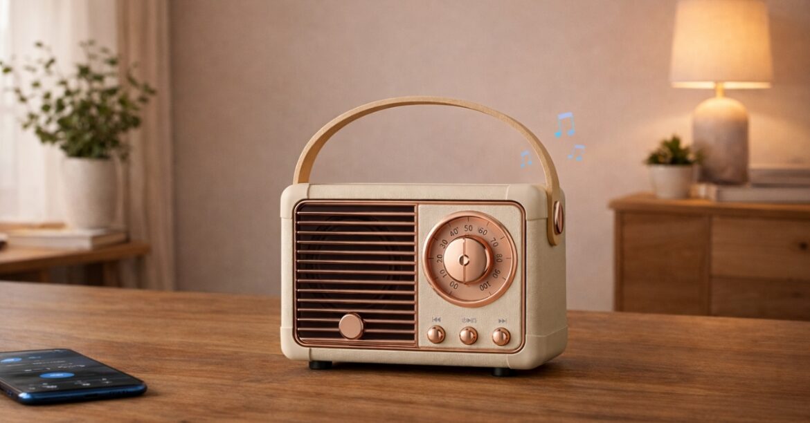 Baolira Retro Bluetooth Speaker with vintage radio design on wooden desk