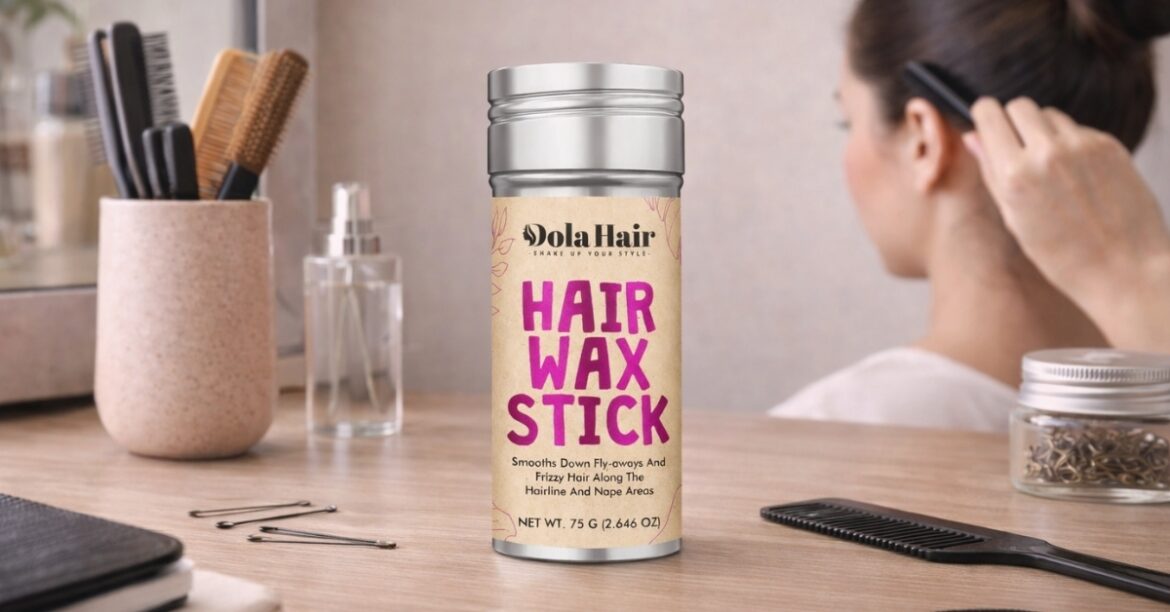Dolahair Hair Wax Stick on vanity, smoothing flyaways during everyday hair styling