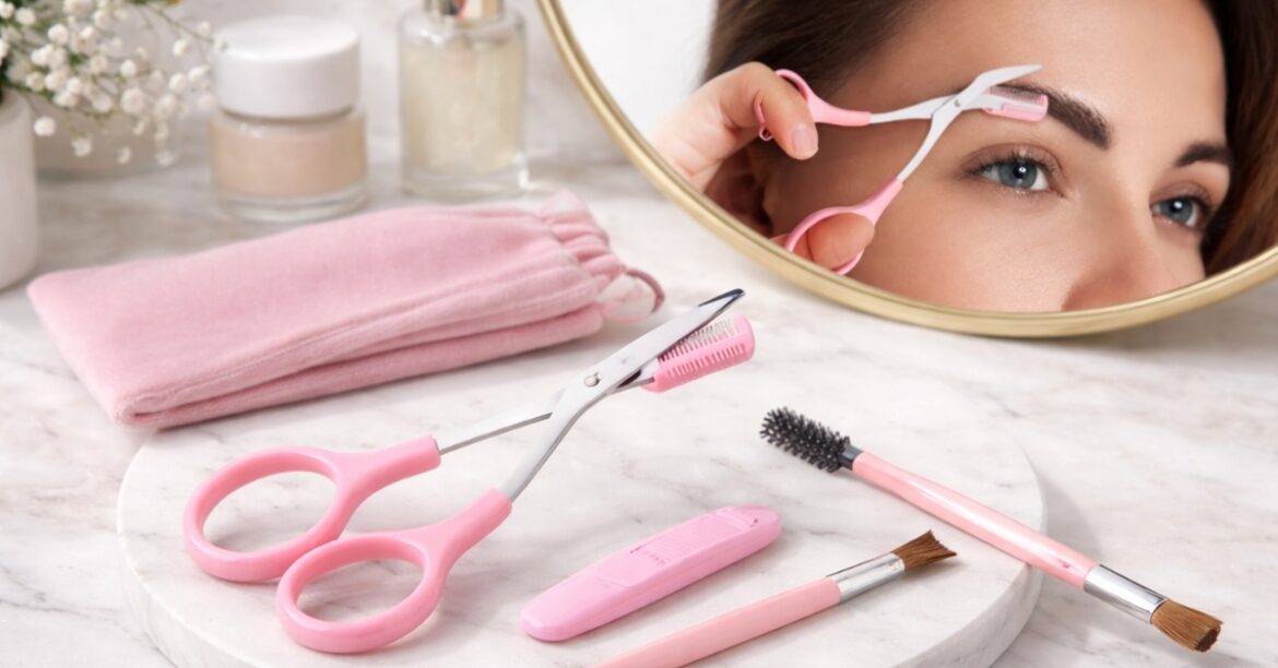 Pink eyebrow trimming kit with scissors, razor, spoolie, and woman grooming brows.