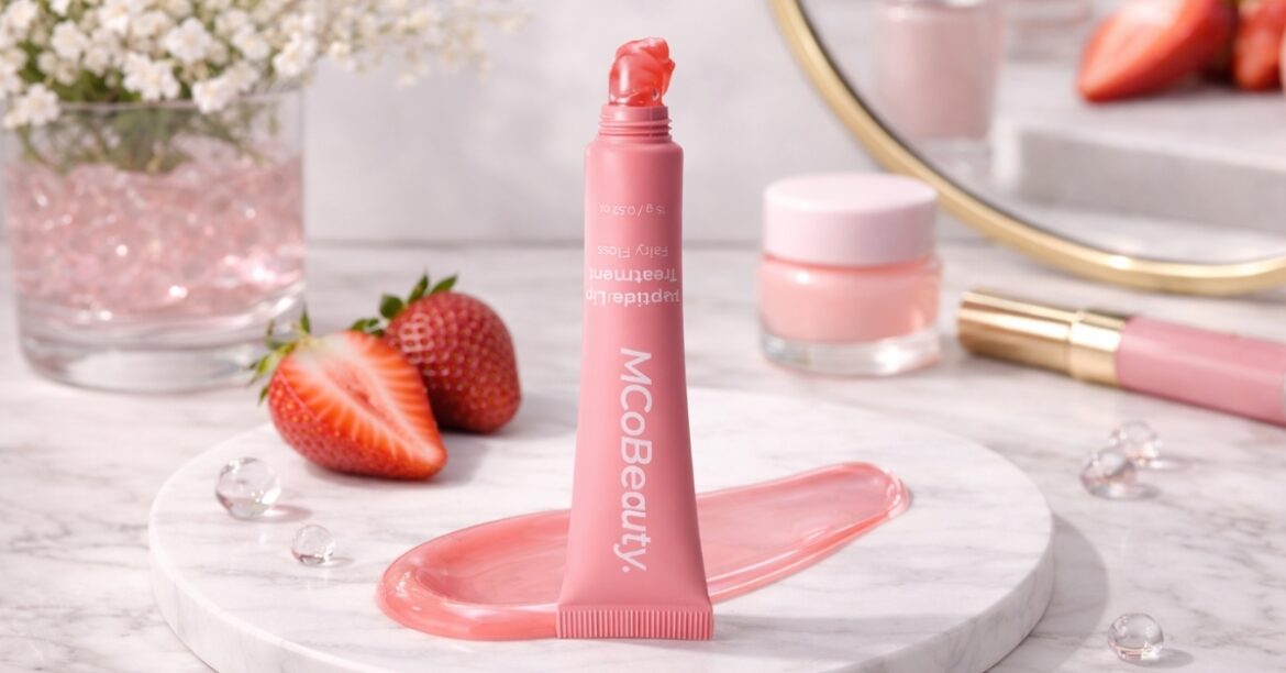 MCoBeauty Peptide Lip Treatment tube with glossy pink texture and fresh strawberries