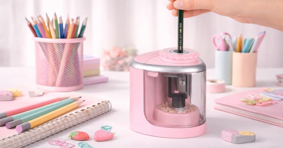 Pink battery-operated pencil sharpener on desk with colored pencils and stationery