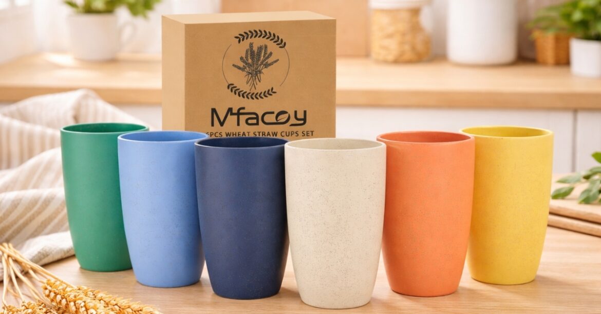 Mfacoy Wheat Straw Cups set with colorful eco-friendly reusable drinkware on kitchen counter