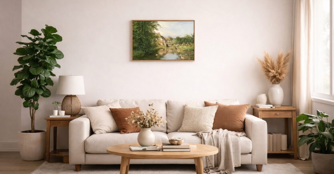 MAZUKO Framed Canvas Wall Art Decor enhancing a calm bohemian-inspired living room interior