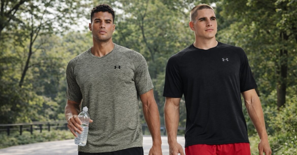 Two men wearing Under Armour Men's Tech Shirt walking outdoors in athletic wear