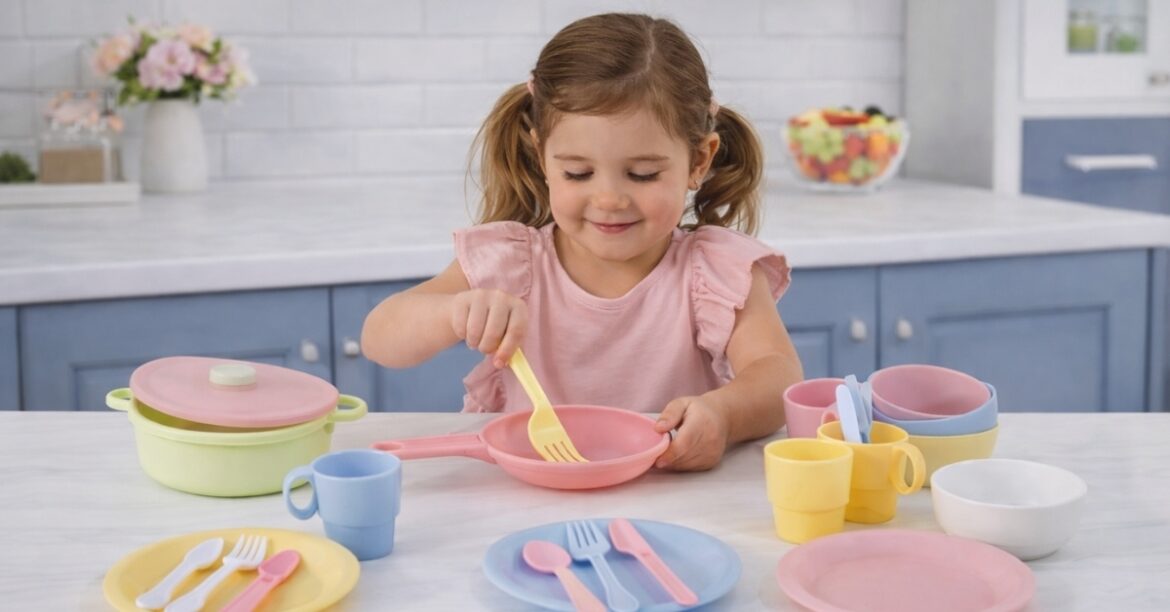 Child using KidKraft 27-Piece Pastel Cookware Set with pastel plates, cups, pan, and utensils in a pretend play kitchen