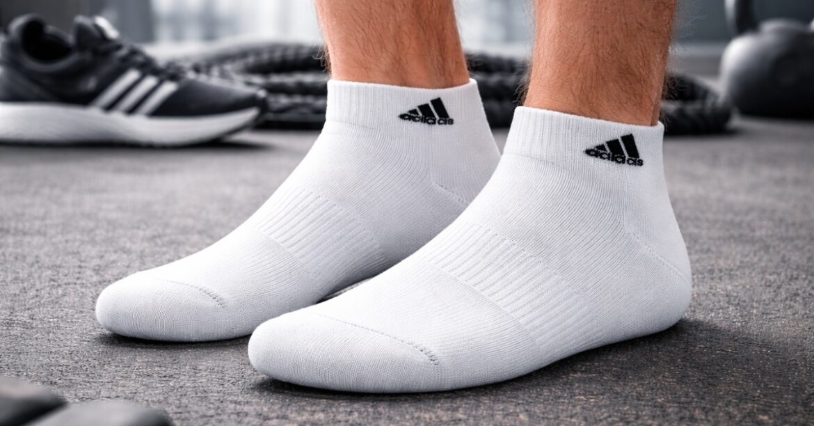 adidas Men's Athletic Cushioned Low Cut Ankle Socks worn during gym workout