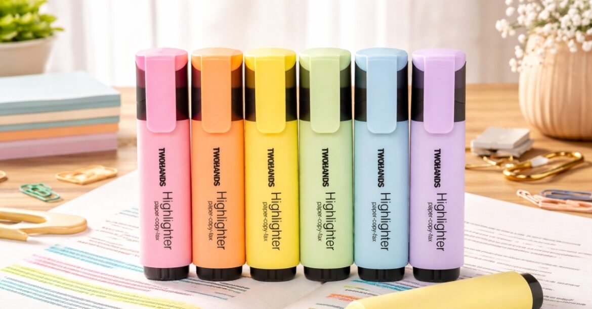 TWOHANDS highlighters in pastel colors lined up on desk highlighting study notes