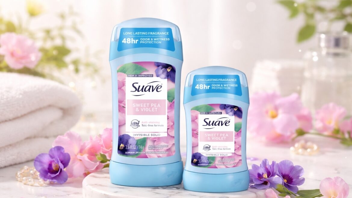Suave Antiperspirant Deodorant for Women Sweet Pea & Violet 48-hour protection sticks with floral background and towels