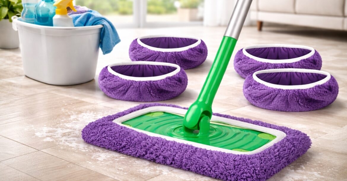 Purple microfiber mop pad on flat mop cleaning tile floor with reusable pads nearby