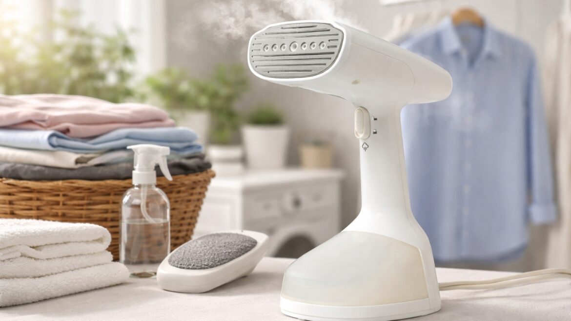 Amazon Basics Handheld Garment Steamer on laundry table with folded clothes and fabric brush attachment