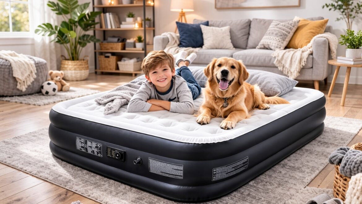 Amazon Basics Inflatable Air Mattress with built-in pump in a cozy living room, child and golden retriever lying comfortably on raised queen air bed