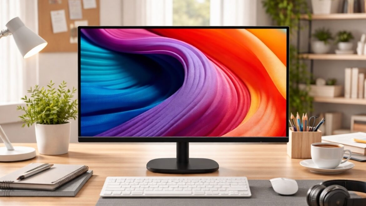 Amazon Basics 27-Inch Monitor on wooden desk with colorful display in modern home office setup
