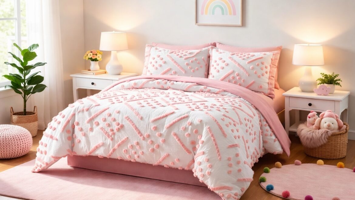 Amazon Basics Kids' Pink Bedding Set with white and pink tufted comforter on twin bed in bright child’s bedroom with matching pillows and decor