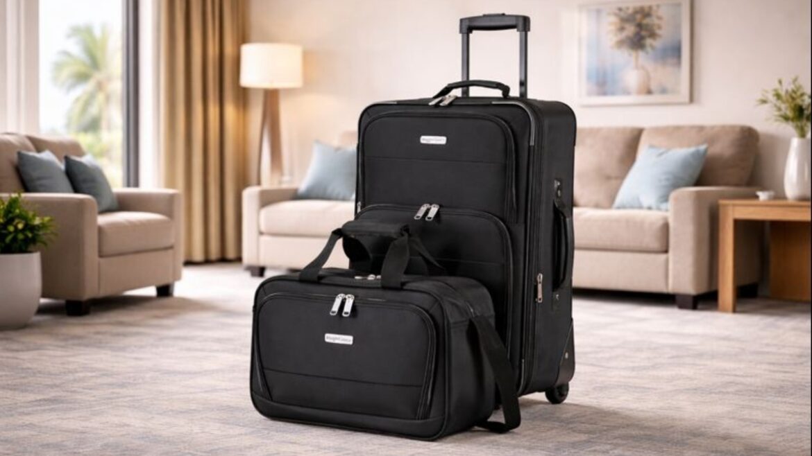 Amazon Basics Softside Luggage Set with 23-inch spinner suitcase and 15-inch tote bag in black, displayed in modern living room setting