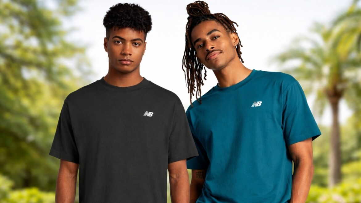 Two models wearing New Balance Men’s Sport Essentials Cotton T-Shirt outdoors