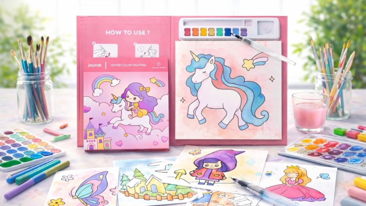 JoyCat Watercolor Painting Set with unicorn-themed water-activated pages, refillable water brush, and colorful kids artwork displayed on a creative painting table.