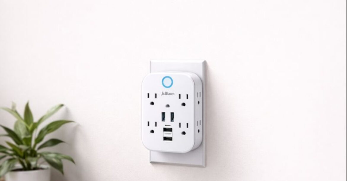 JcBlaon Outlet Extender Surge Protector with USB ports mounted on wall outlet