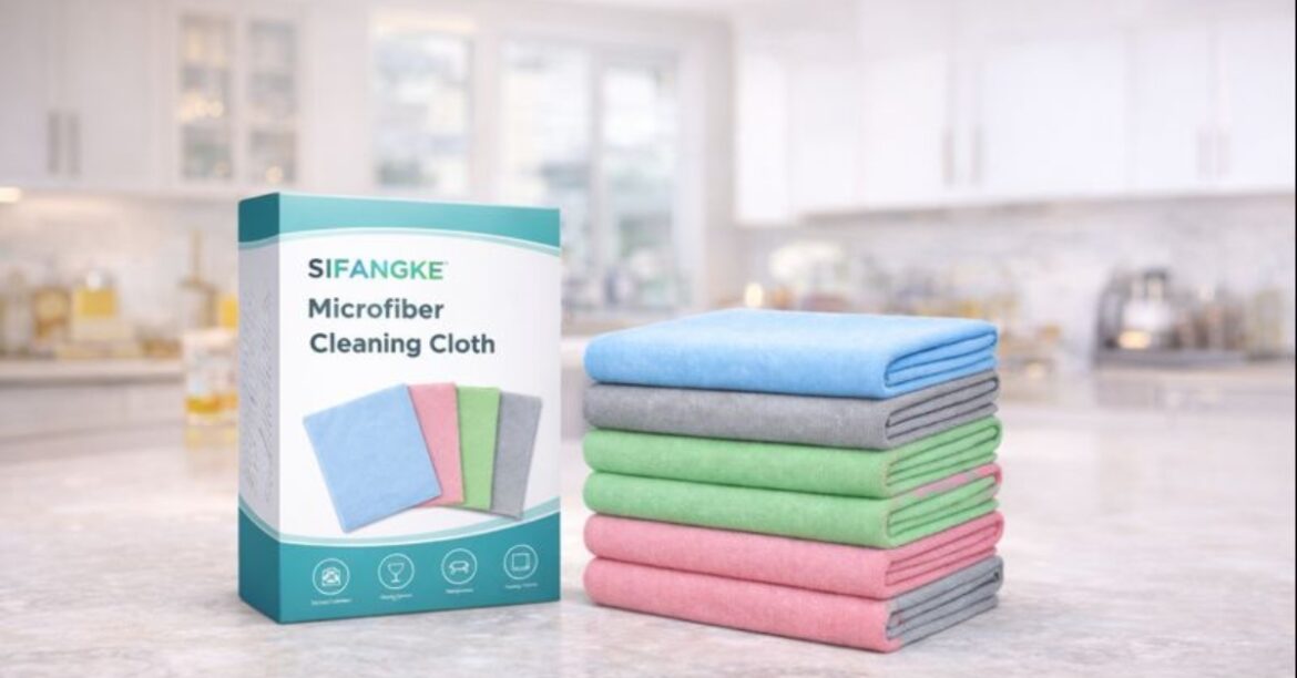SIFANGKE Microfiber Cleaning Cloth 12-pack with multicolor reusable towels on kitchen counter