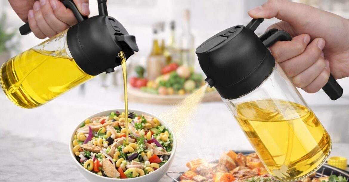 2 in 1 Cooking Oil Sprayer showing spray and pour modes over salad and grilled food