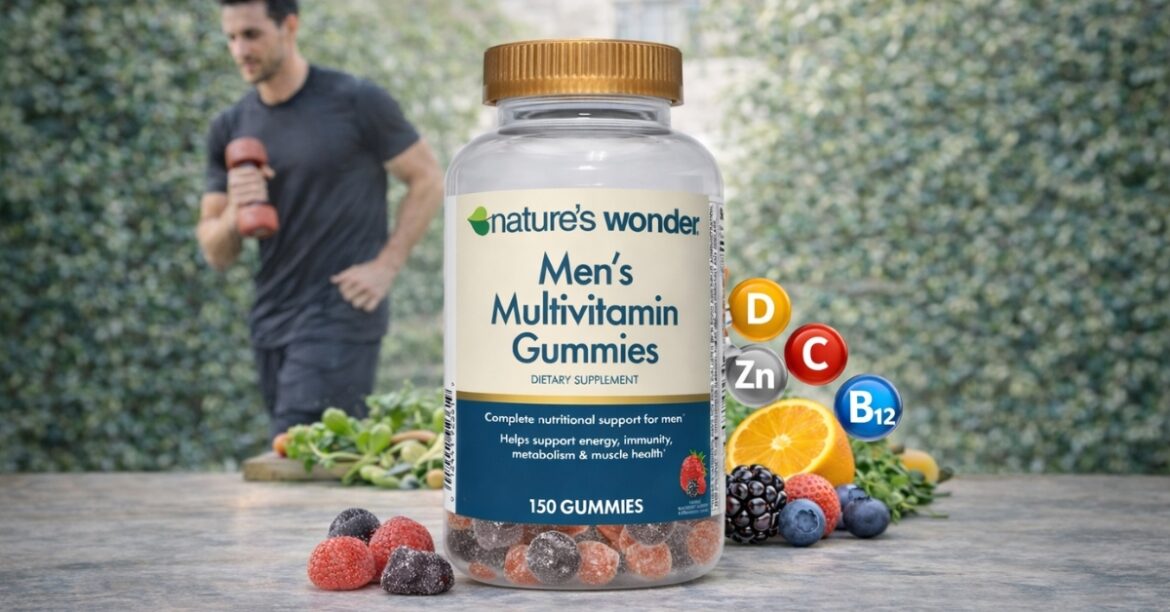 Nature's Wonder Men's Multivitamin Gummies bottle with berries, vitamins icons, and active man background