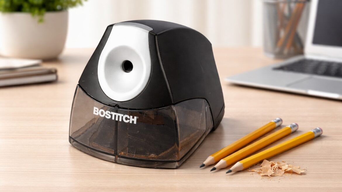 Bostitch Office Electric Pencil Sharpener on a desk with sharpened pencils and shavings, quiet executive model for office and classroom use