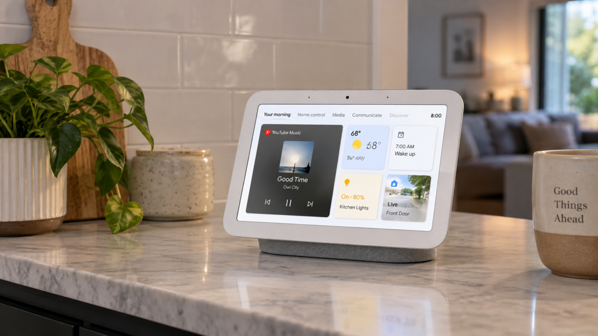 Modern smart home devices including smart lights, security cameras, thermostat, smart speaker, and connected appliances in a contemporary home.