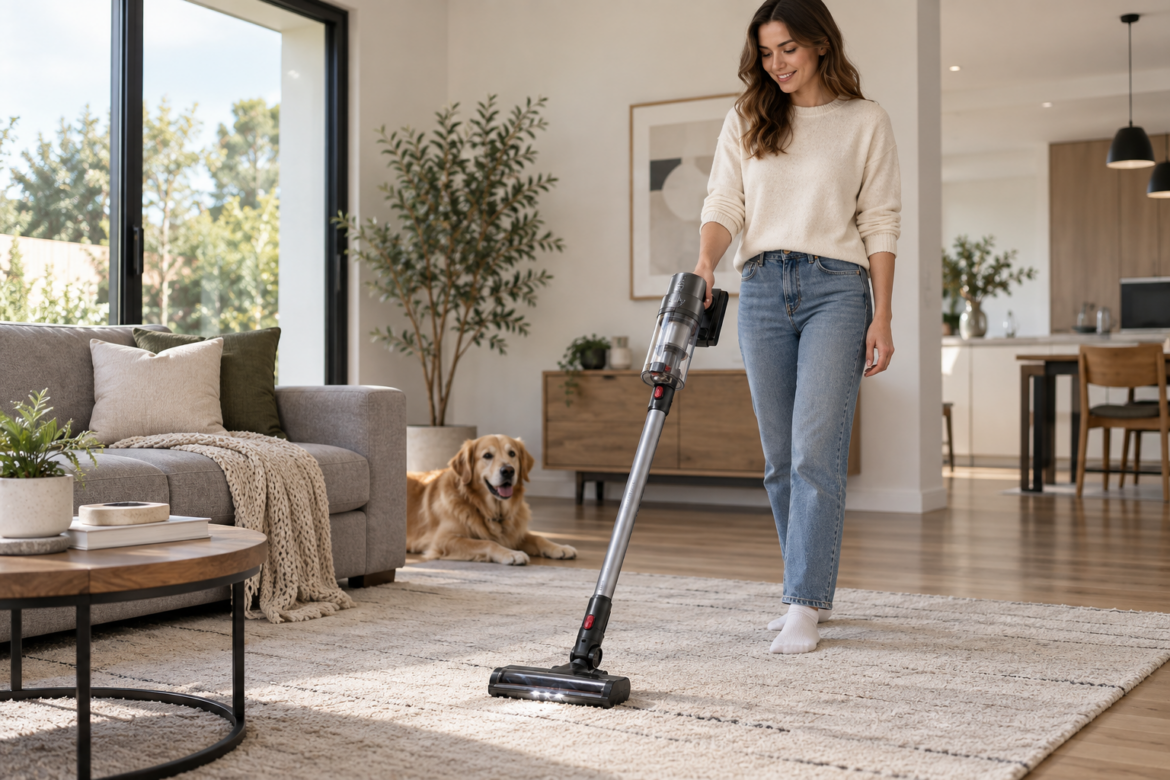 Cordless vacuum cleaner being used to clean a modern home floor for convenient everyday cleaning.