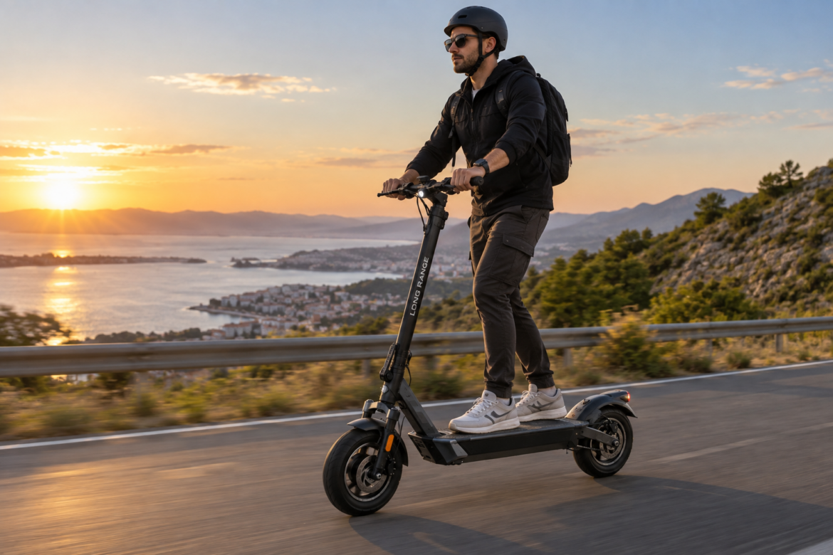 Long range electric scooter designed for comfortable daily commuting and extended urban rides.