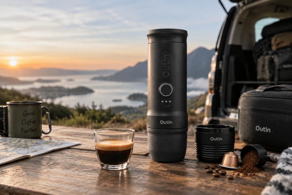 Portable espresso machine brewing fresh coffee in a compact design, ideal for travel, camping, work, and outdoor coffee breaks.