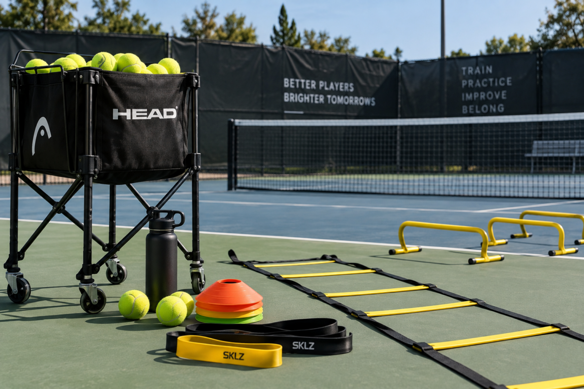 “tennis training equipment with tennis racket, balls, cones, and practice accessories arranged on a tennis court”