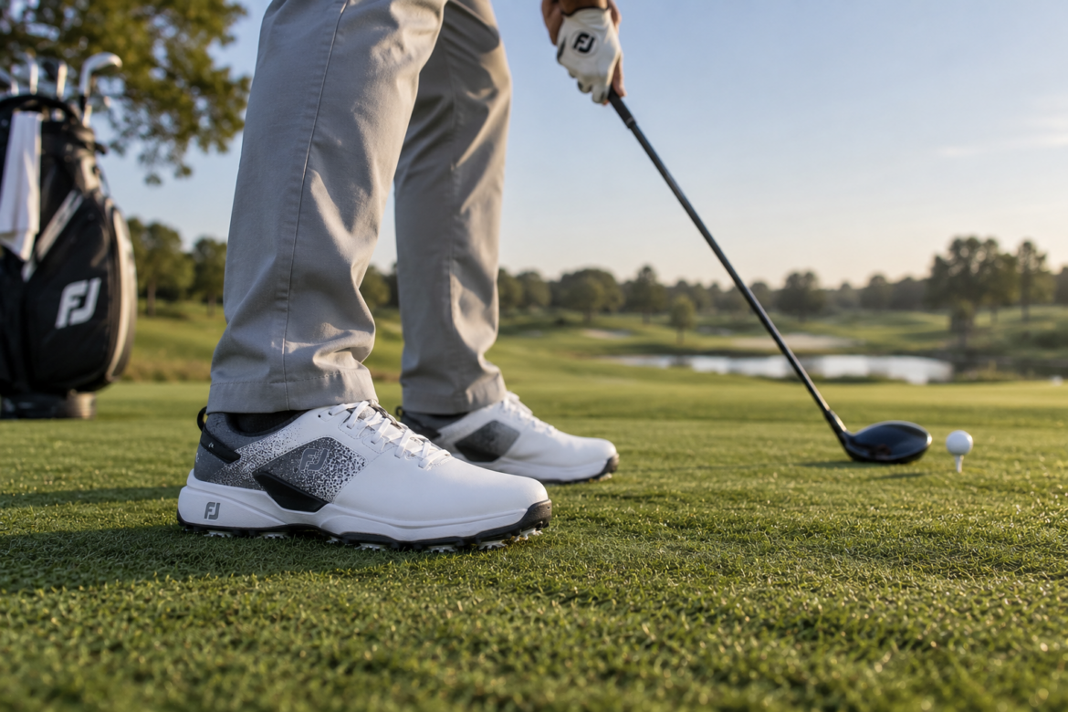 Wide golf shoes with cushioned soles and supportive traction designed for comfort, stability, and long rounds on the course.