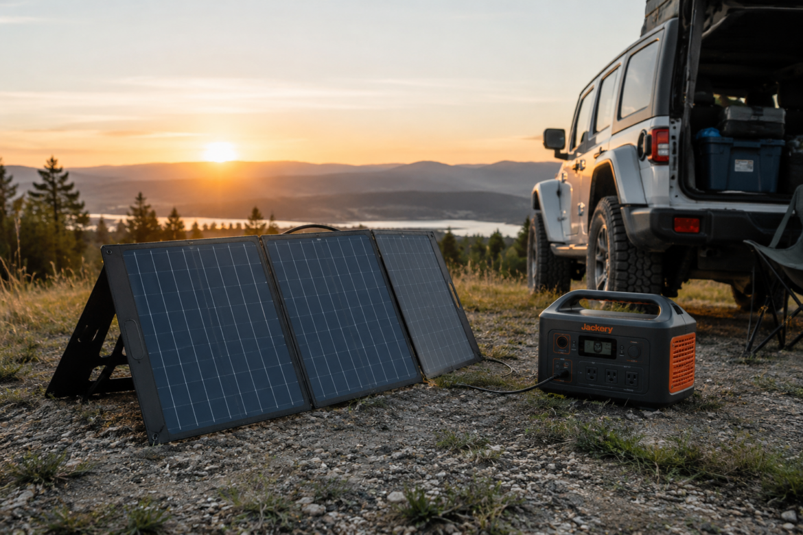 “Portable solar panels set up outdoors for convenient off-grid power during camping, travel, and emergency backup use.”