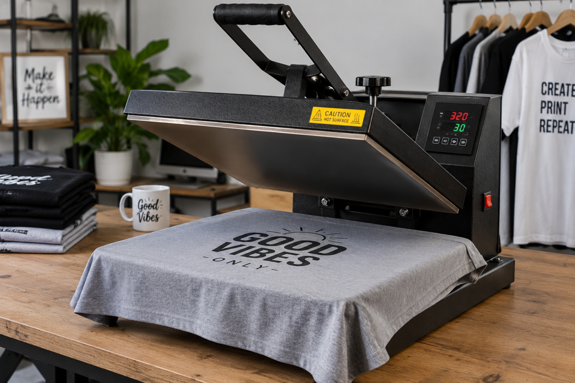 Heat press machine applying a custom design to fabric for personalized apparel and printing projects.
