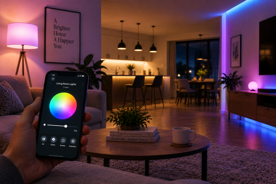 Smart LED lights creating colorful, energy-efficient ambient lighting in a modern home interior.