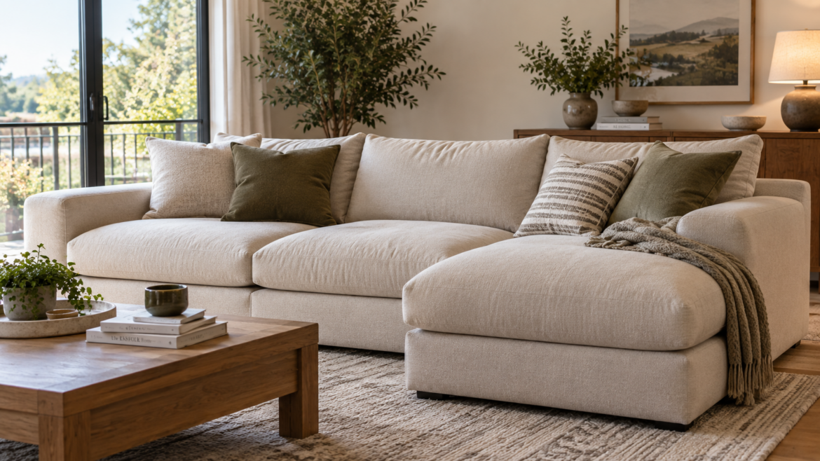 Comfortable sofa with soft cushions and supportive seating in a cozy modern living room