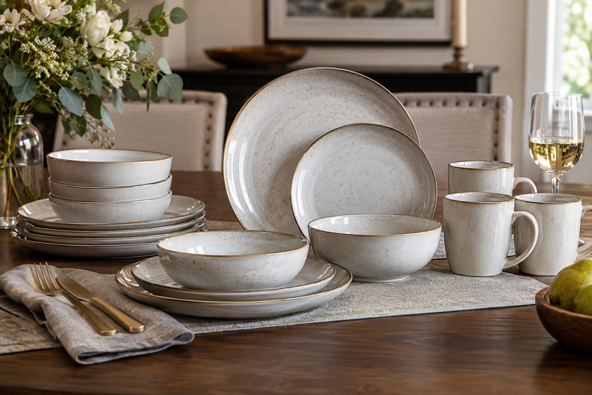 Modern dinnerware sets with coordinating plates and bowls arranged neatly on a dining table