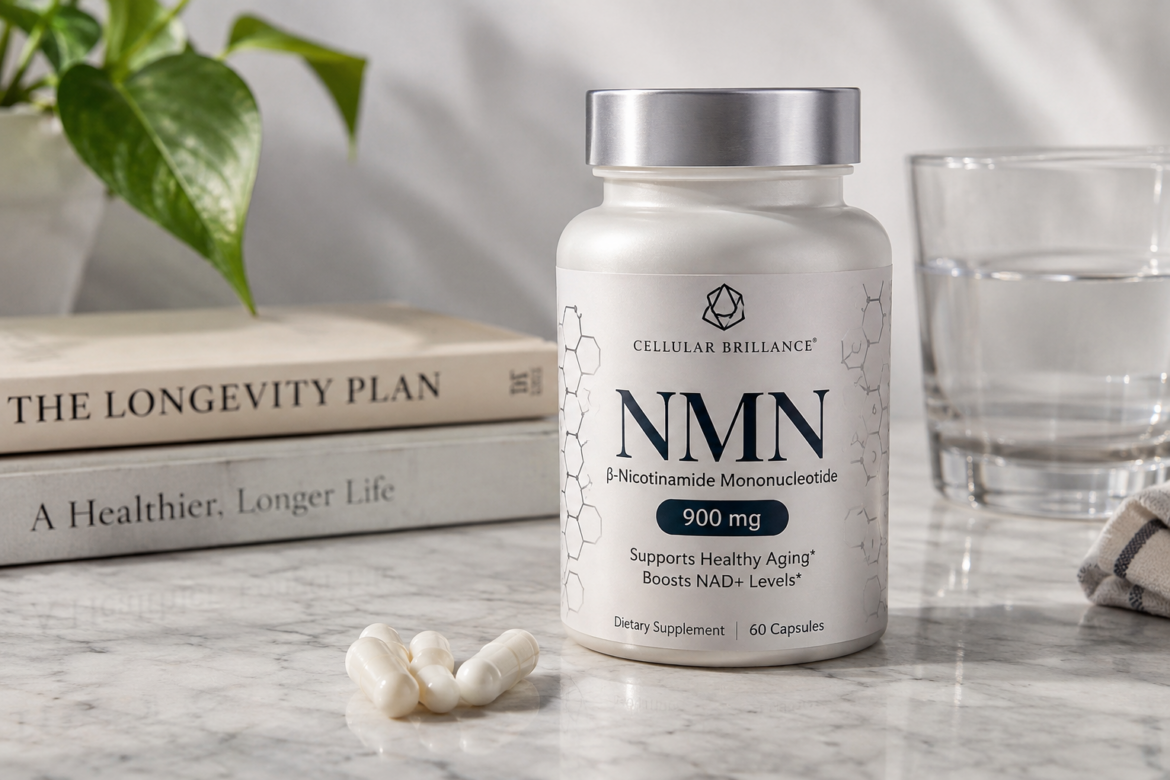Realistic image of NMN supplements in capsules and supplement bottles representing NAD+ support and healthy aging products.