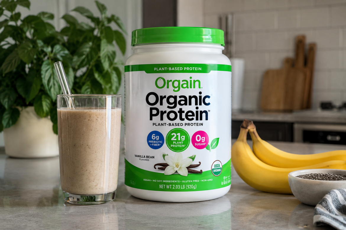 Vegan protein powder in a scoop beside a protein shake and plant-based ingredients for daily nutrition and fitness support.