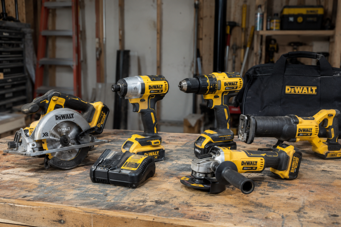 Cordless power tools with rechargeable batteries arranged for DIY, home improvement, repair, and workshop projects.