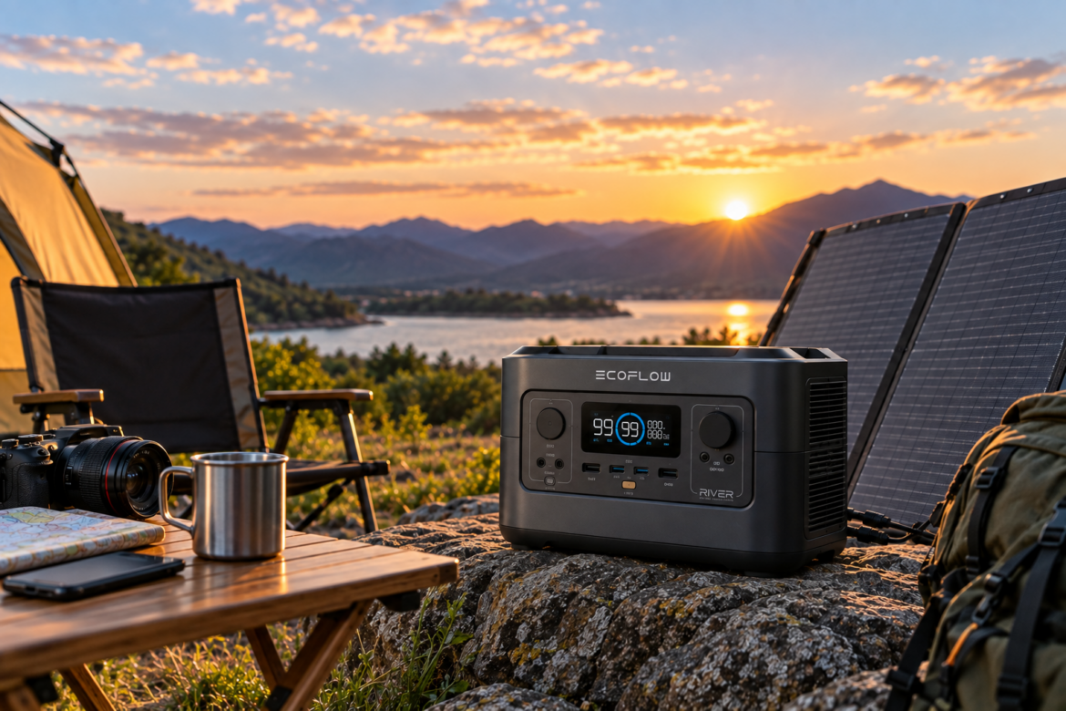 Realistic solar generator with portable solar panels providing backup power for home and outdoor use.